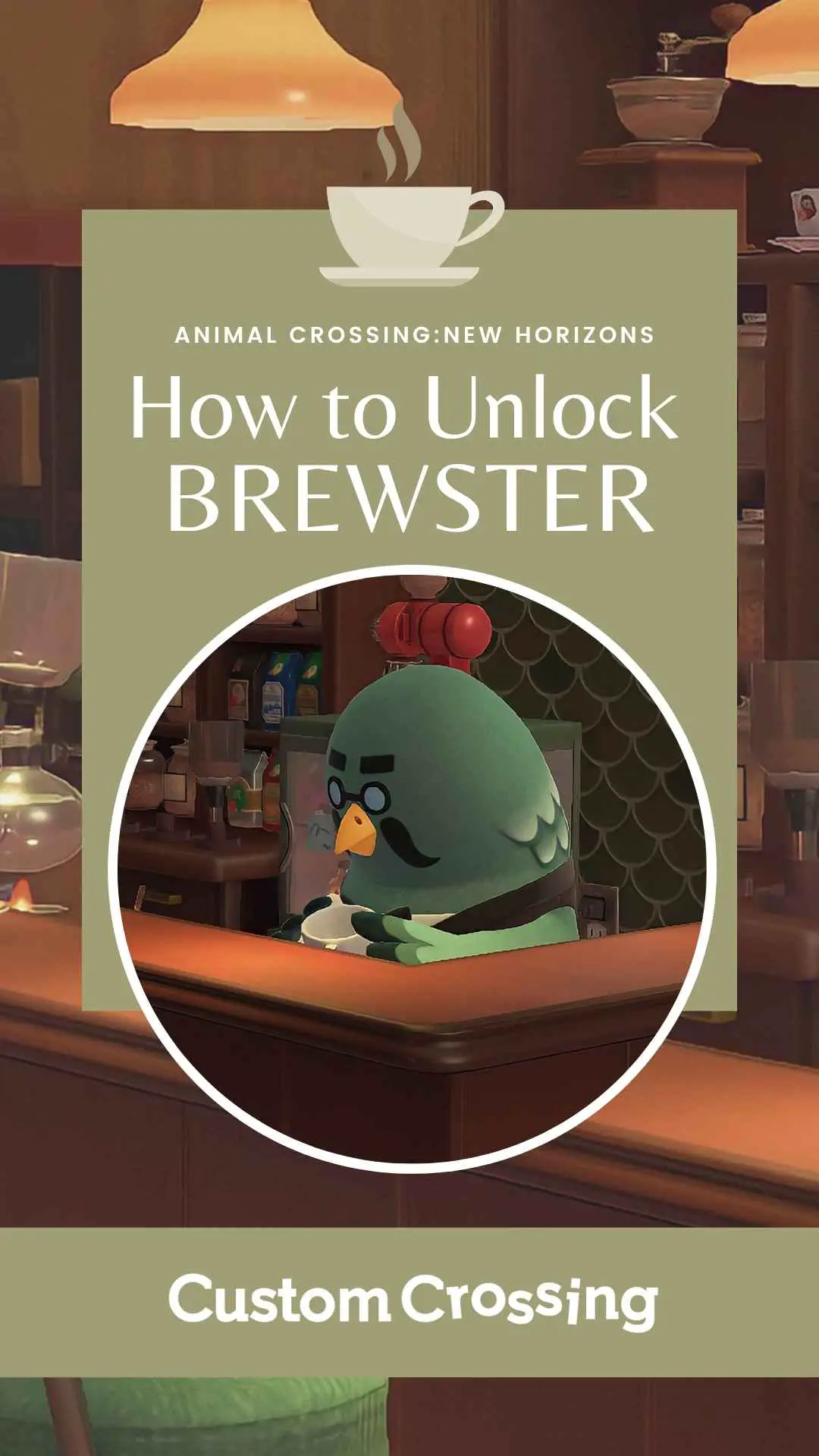 A photo of Brewster in the Roost in Animal Crossing: New Horizons with the text "How to Unlock Brewster"